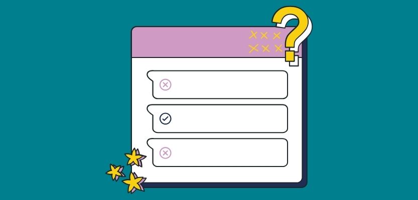 Illustration of an online quiz showing progress and checkboxes.