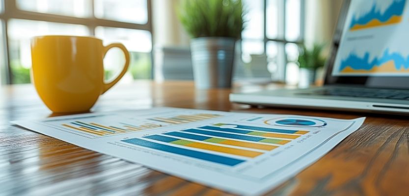 Laptop with marketing data and a notepad beside a coffee mug.