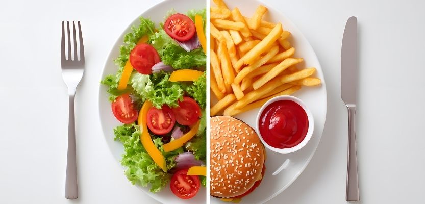 Split plate showing overloaded side and simple, focused side, representing clarity in marketing strategy.
