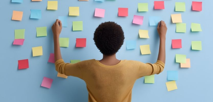 Simple marketing plan laid out on sticky notes