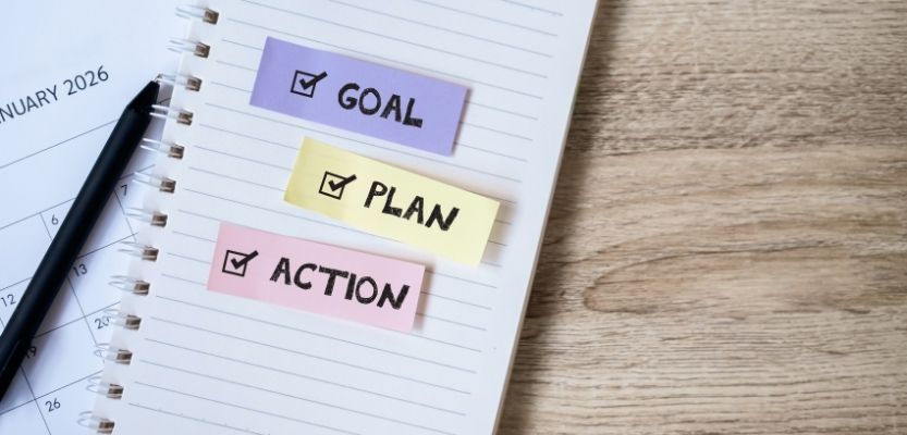 Notebook with one clearly defined marketing priority written at the top, representing focused marketing direction.