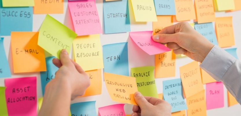 Marketing ideas and priorities written on notes during a planning session