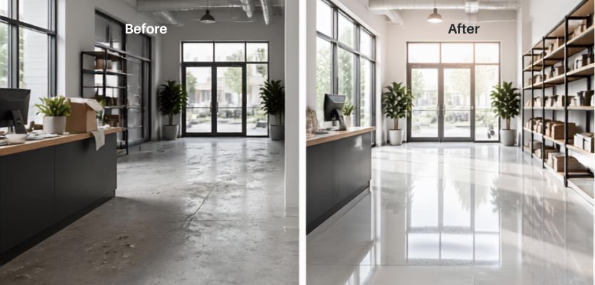 Before and after photo of a professionally cleaned space