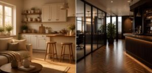 Split image showing a residential home and a commercial space, representing two different customer audiences
