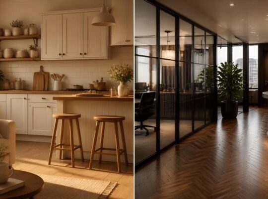 Split image showing a residential home and a commercial space, representing two different customer audiences